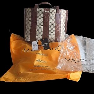 Valentino by Mario Valentino Cream and Brown Monogram Tote